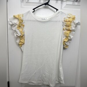 Boho blouse ribbed top with white and yellow embroidered ruffle sleeves size XL